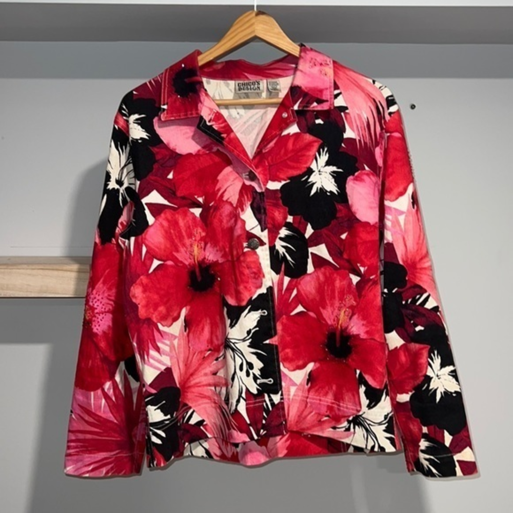 Vintage Chicos design bold floral print Jean jacket
